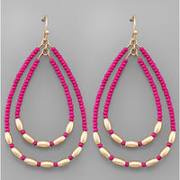 Beaded 2 Teardrop Earrings - Fuchsia