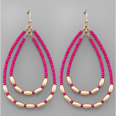 Beaded 2 Teardrop Earrings - Fuchsia