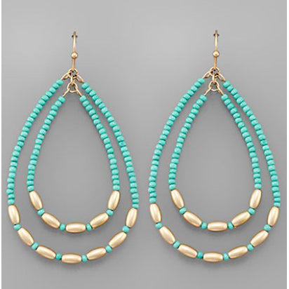 Beaded 2 Teardrop Earrings - Teal