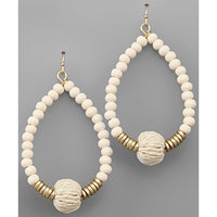Rattan & Wood Ball Teardrop Earrings - Ivory