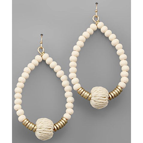 Rattan & Wood Ball Teardrop Earrings - Ivory