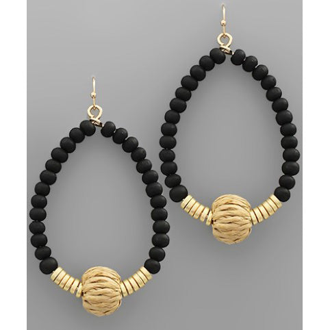 Rattan & Wood Ball Teardrop Earrings - Black