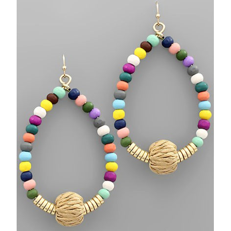 Rattan & Wood Ball Teardrop Earrings - Multicolor