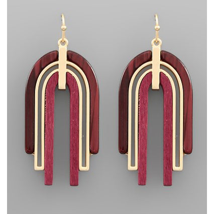 Wood & Acrylic Arch Earrings - Burgundy