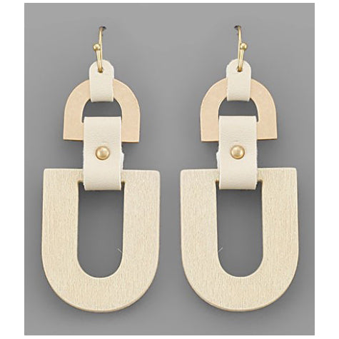 Leather Linked U Shape Earrings - White