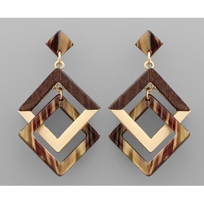 Double Square Link Earrings - Brown