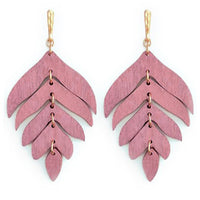 Wooden Leaf Dangle Earrings - Dusty Pink