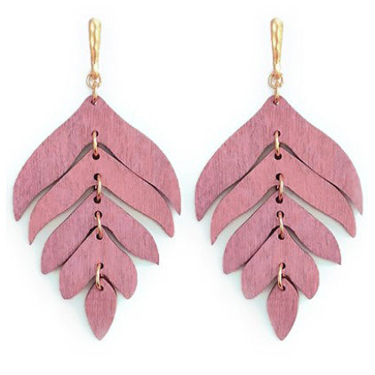 Wooden Leaf Dangle Earrings - Dusty Pink