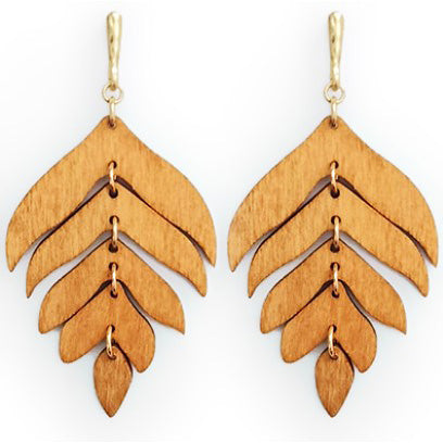 Wooden Leaf Dangle Earrings - Brown