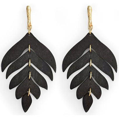 Wooden Leaf Dangle Earrings - Black