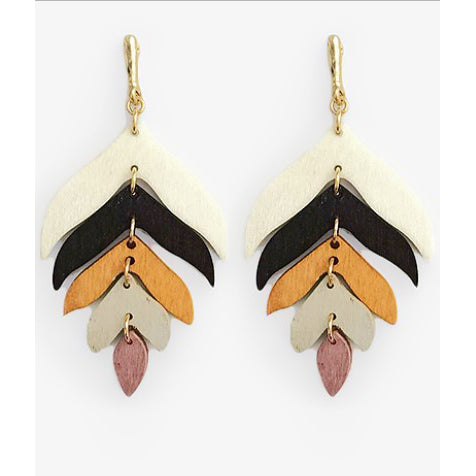 Wooden Leaf Dangle Earrings - Multicolor