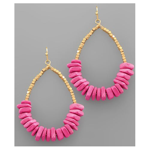 Wooden Beads Teardrop Earrings - Fuchsia