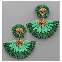 Two Tier Raffia Earrings - Green