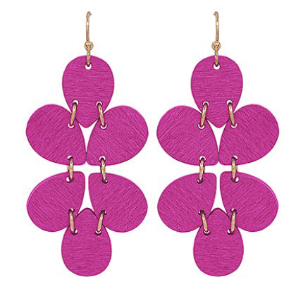 Wood Bead Link Flower Earrings - Fuchsia