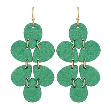 Wood Bead Link Flower Earrings - Green