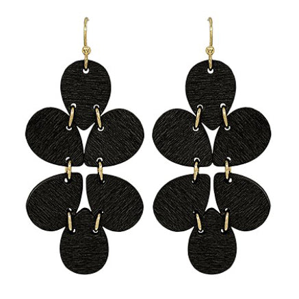 Wood Bead Link Flower Earrings - Black