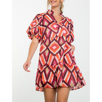 THML - Puff Sleeve V-Neck Dress - Red