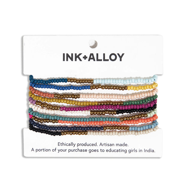 Ink + Alloy - Sage Confetti Beaded 10 Strand Stretch Bracelets - Gold Block