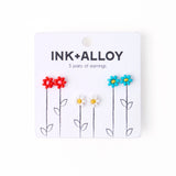 Ink + Alloy - Tina Flower Earrings Trio Set - Aqua, Tomato + White