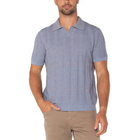 Liverpool - Short Sleeve Johnny Collar Sweater Knit - Blue/Peach