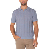 Liverpool - Short Sleeve Johnny Collar Sweater Knit - Blue/Peach