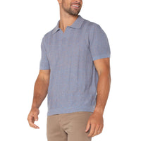 Liverpool - Short Sleeve Johnny Collar Sweater Knit - Blue/Peach