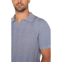 Liverpool - Short Sleeve Johnny Collar Sweater Knit - Blue/Peach