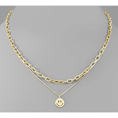 2 Layered Chain & Smile Face Necklace - Gold