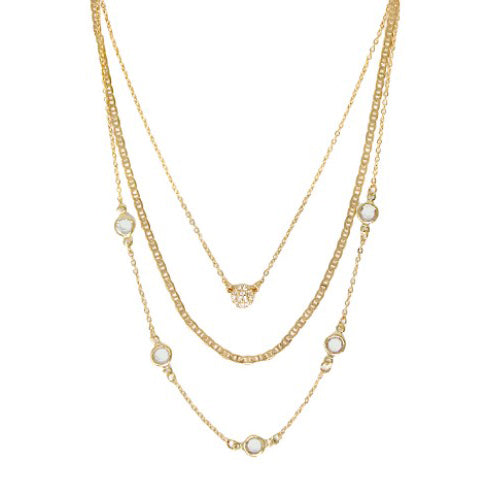 3 Layer Crystal Ball Chain Necklace - Clear Crystal and Gold