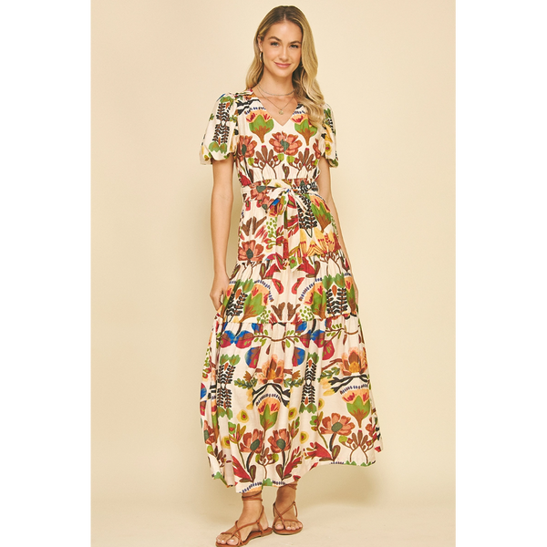 Pinch - Floral Print Tiered Maxi Dress - Ivory/Red