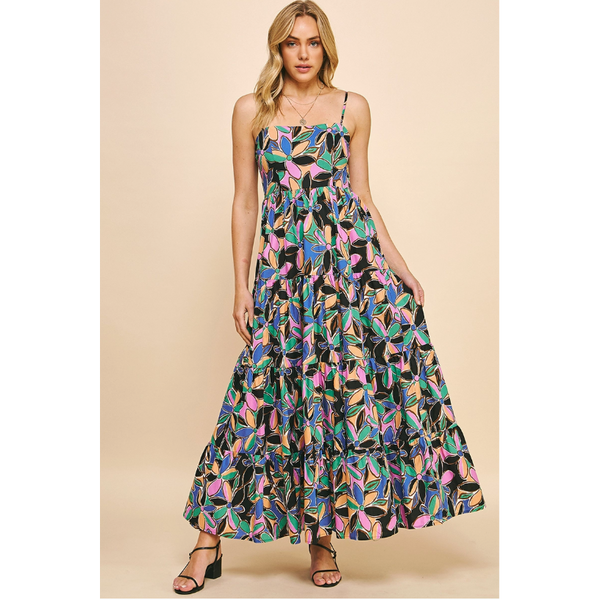 Pinch - Sleeveless Tiered Maxi Dress- Black Multi