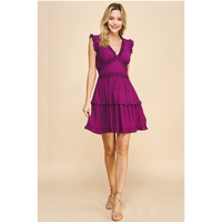 Pinch- V-Neck Ruffle Mini Dress- Deep Berry