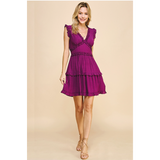 Pinch- V-Neck Ruffle Mini Dress- Deep Berry