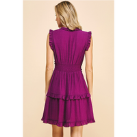 Pinch- V-Neck Ruffle Mini Dress- Deep Berry