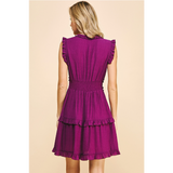Pinch- V-Neck Ruffle Mini Dress- Deep Berry