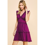 Pinch- V-Neck Ruffle Mini Dress- Deep Berry