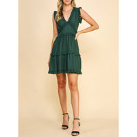 Pinch - V-Neck Ruffle Mini Dress - Hunter Green