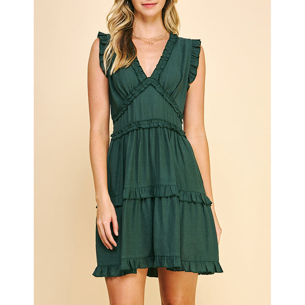 Pinch - V-Neck Ruffle Mini Dress - Hunter Green