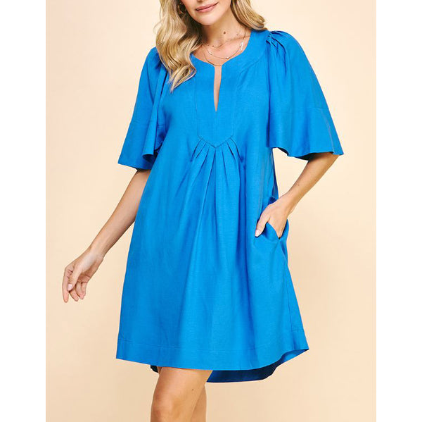 Pinch - Short Sleeve Pleated Tunic Dress - Blue