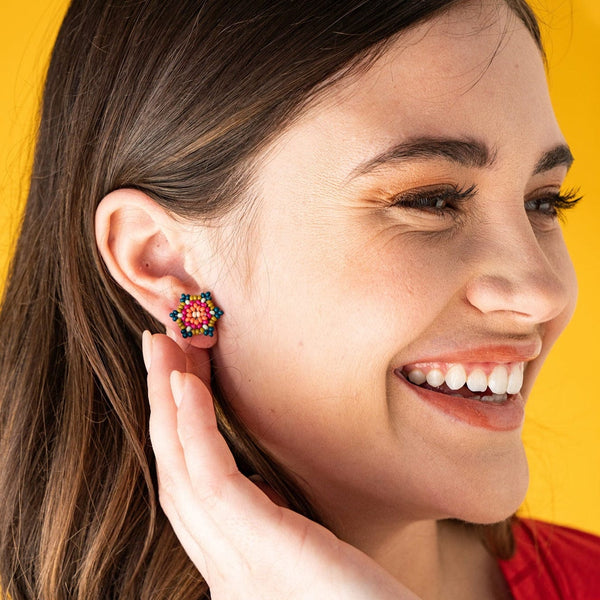 Ink + Alloy - Daisy Flower Beaded Post Earrings - Rainbow