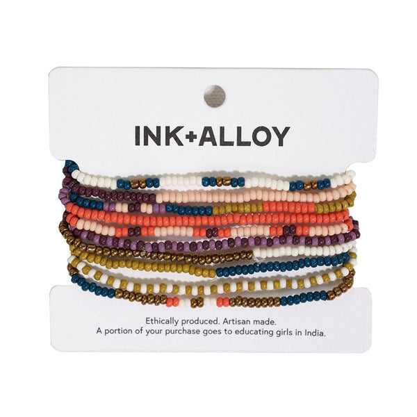 Ink + Alloy - Sage Confetti Beaded 10 Strand Stretch Bracelets - Citron and Coral