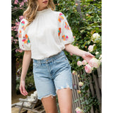 THML - Embroidered Sleeve Top - White