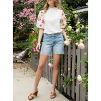 THML - Embroidered Sleeve Top - White