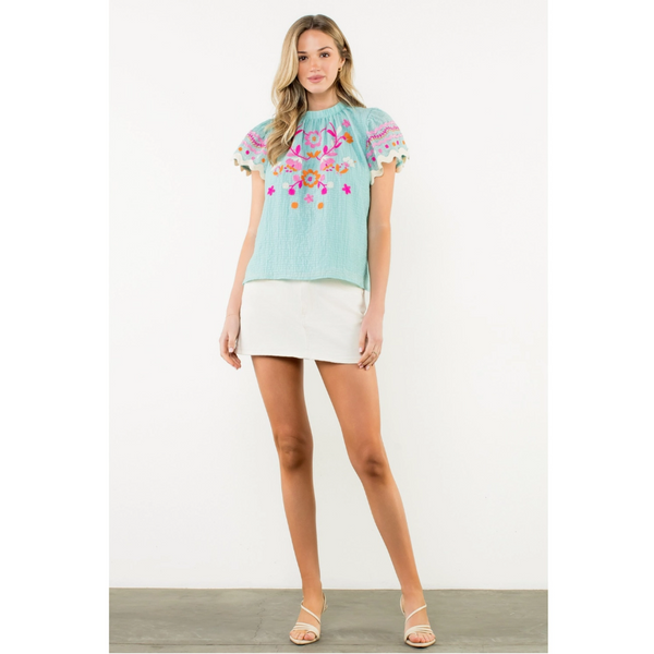 THML - Flutter Sleeve Embroidered Detail Texture Top - Aqua