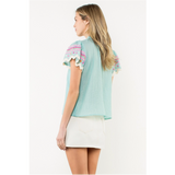 THML - Flutter Sleeve Embroidered Detail Texture Top - Aqua