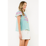 THML - Flutter Sleeve Embroidered Detail Texture Top - Aqua
