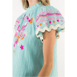 THML - Flutter Sleeve Embroidered Detail Texture Top - Aqua