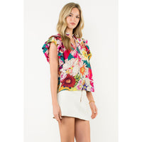 THML - Ruffle Neck Puff Sleeve Floral Top - Fuschia