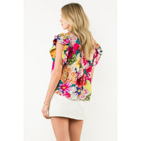 THML - Ruffle Neck Puff Sleeve Floral Top - Fuschia