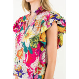 THML - Ruffle Neck Puff Sleeve Floral Top - Fuschia